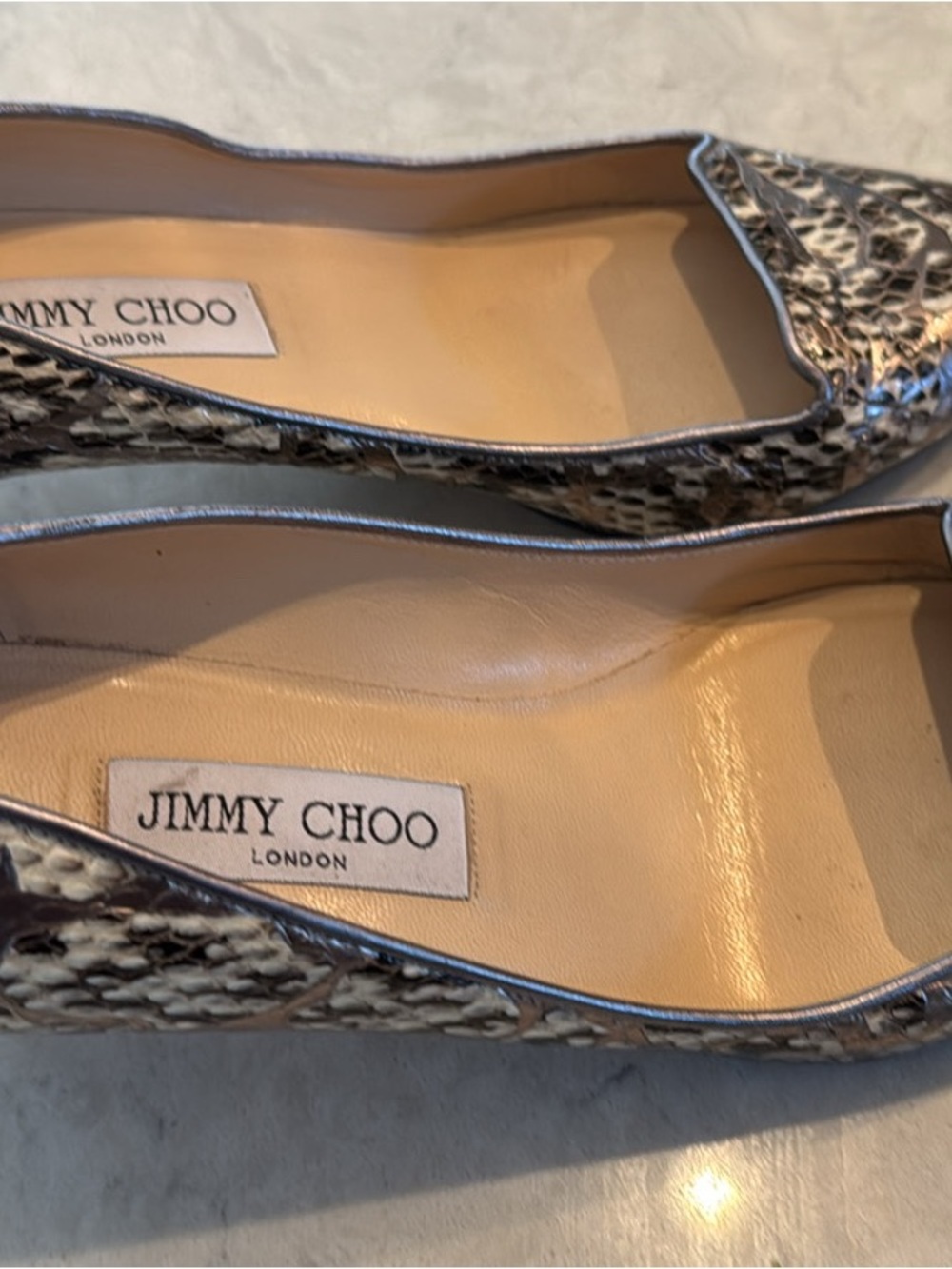 Jimmy Choo Metallic Snakeskin-Effect Ballet Flats in Silver and Black